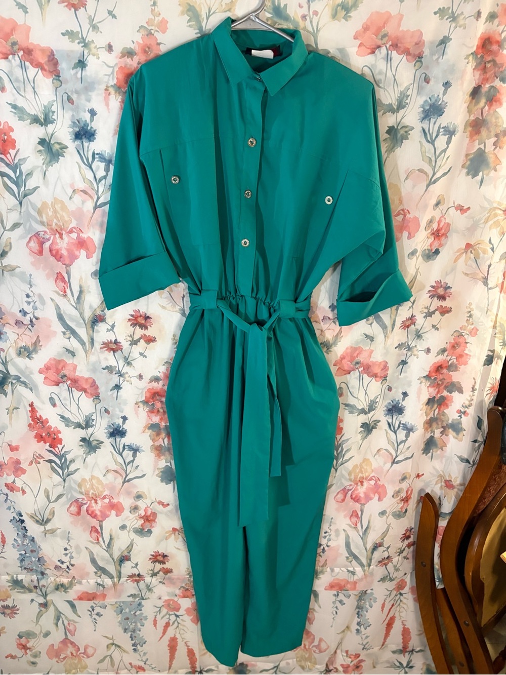 Vintage Women’s Teal Shirt-Style Jumpsuit with Self Tie Waist